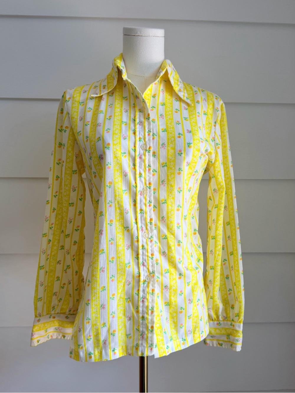 Vintage Yellow & White Floral Stripe Long-Sleeve Blouse 70s Cottagecore